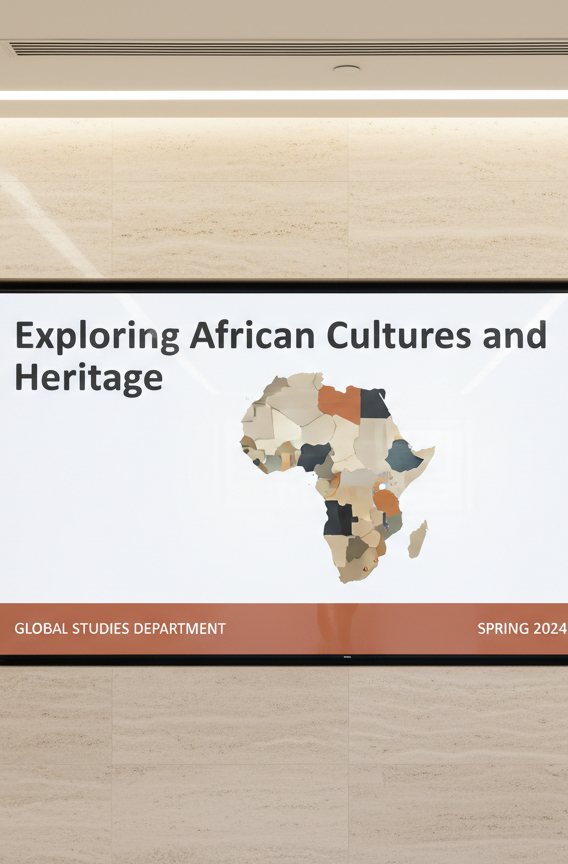 A large, wall-mounted digital screen in a modern campus hallway displaying a professional slide titled “Exploring African Cultures and Heritage.” The slide design features a clean white background, a muted terracotta band across the bottom, and a simple, abstract map of Africa composed of geometric shapes in neutral tones. The screen is framed by a slim black bezel and mounted on a light stone wall with a subtle texture. Recessed ceiling lights provide soft, even illumination, with slight reflections on the screen’s glass surface adding realism without obscuring content. Shot straight-on with meticulous alignment and sharp focus, the composition emphasizes the screen as the central subject, communicating a polished, institutional approach to cultural education.
