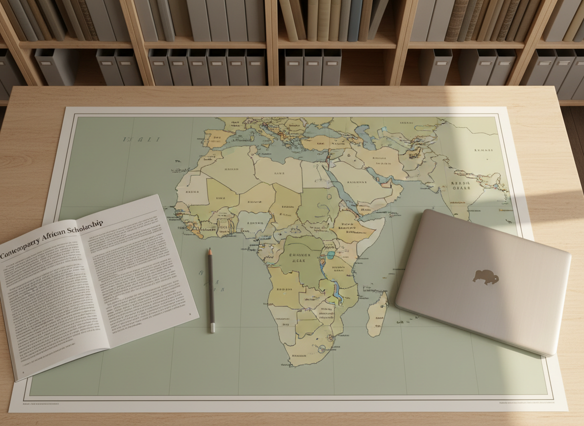 An orderly study space centered on a detailed, muted-color political map of Africa spread across a light birch desk, with key regions circled in fine black pen. Around the map lie a slim graphite pencil, a highlighted academic article titled “Contemporary African Scholarship,” and a closed laptop with the CU–Boulder logo subtly reflected on its metallic lid. Soft afternoon light from the right side creates nuanced shadows along the paper edges and a gentle sheen on the laptop surface. The background shows a slightly out-of-focus bookshelf filled with neutral-toned binders and academic texts. Captured from an overhead perspective with photographic realism and a balanced composition, the scene evokes focused research, intellectual rigor, and a professional, graduate-level environment.