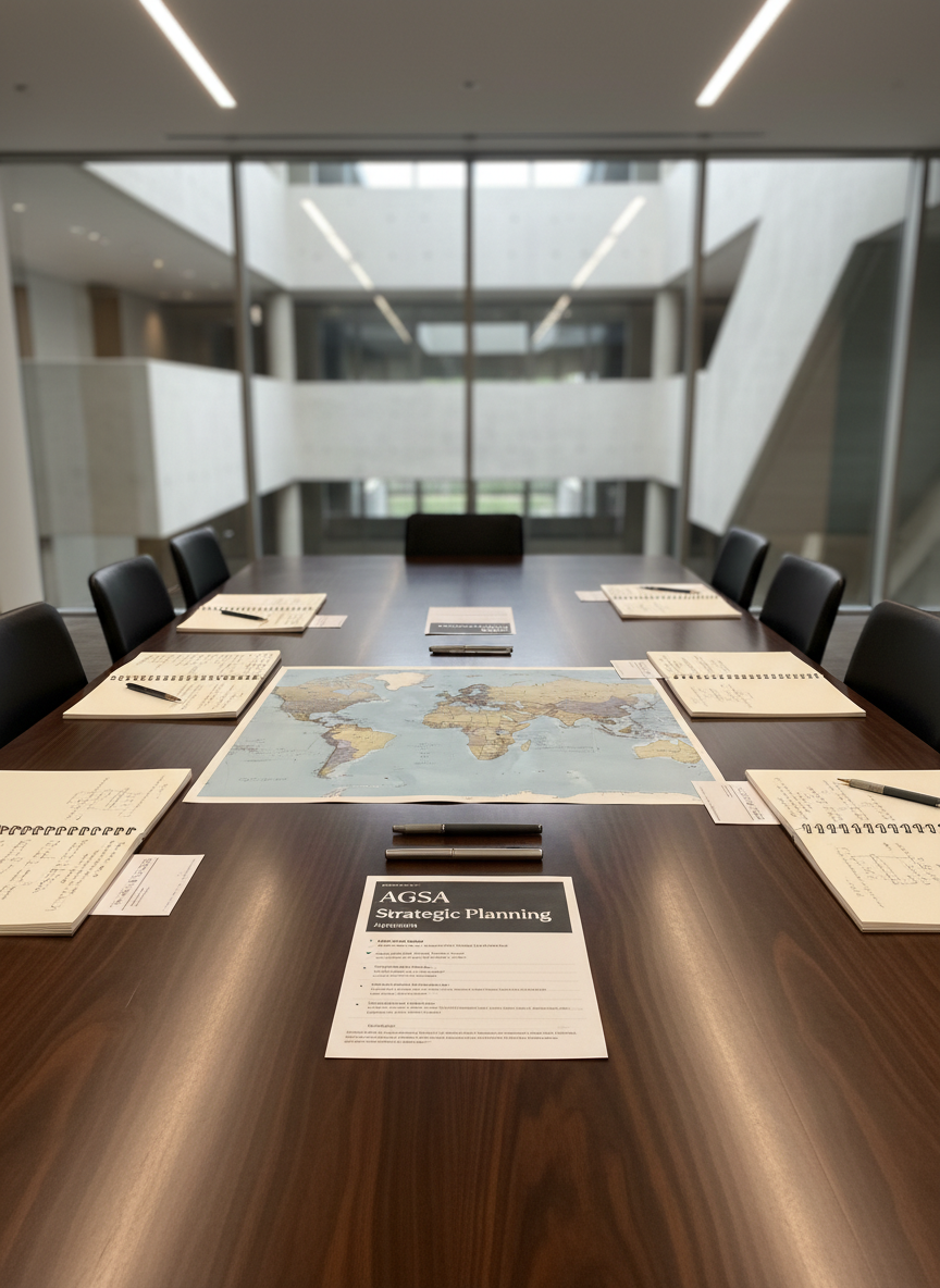 An elegant conference room table in a modern university building, covered with neatly arranged materials: a central world map focused on Africa in muted blues and grays, several open notebooks filled with tidy handwritten notes, and printed agenda sheets titled “AGSA Strategic Planning.” A pair of slim, brushed-metal pens lies parallel beside the documents. The table is a dark walnut with a satin finish, reflecting soft overhead LED lighting that creates controlled, minimal shadows. In the blurred background, glass walls reveal abstract campus architecture in neutral tones. Shot from a slightly elevated angle with balanced composition and photographic realism, the scene feels structured, collaborative, and professional, emphasizing thoughtful organization and academic purpose.