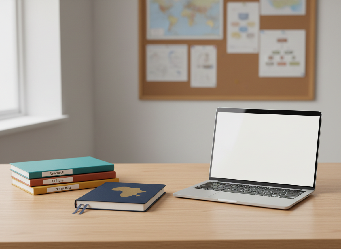 A neatly arranged study table featuring a closed, deep-navy hardcover notebook embossed with a subtle gold outline of the African continent, resting beside a sleek silver laptop with a blank, glowing screen. The table surface is a light oak wood with a smooth, matte finish, and a small stack of color-coded folders labeled “Research,” “Culture,” and “Community” sits to one side. Soft, diffused daylight from an unseen window casts even illumination, creating gentle, professional shadows. The background is intentionally minimal, with a slightly blurred university-style bulletin board displaying neutral-toned maps and charts. Captured at eye level with a clean, photographic realism and sharp focus throughout, the image conveys a calm, organized, and professional academic atmosphere, suitable for a graduate student association homepage.