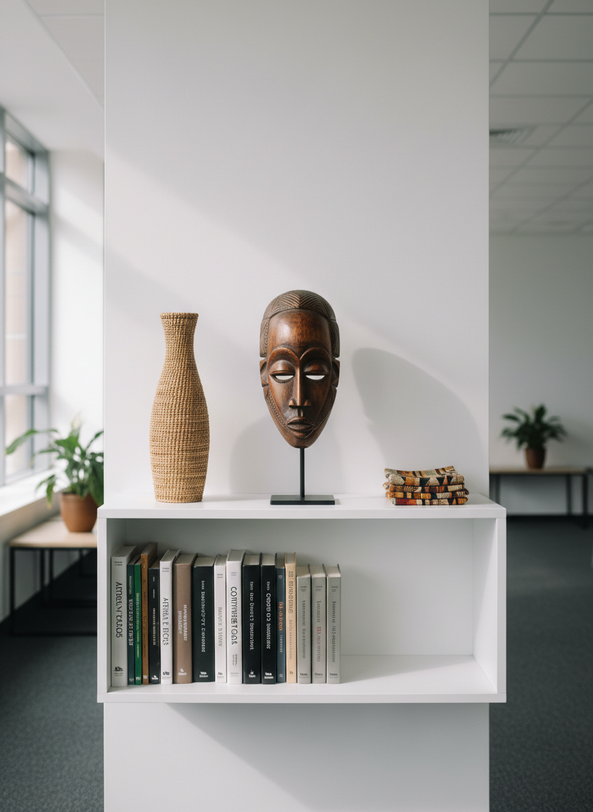 A clean, modern display of African cultural artifacts arranged on minimalist white shelving in a quiet academic lounge. On the central shelf, a finely carved wooden African mask in rich brown tones sits on a matte black stand, flanked by a slender woven basket and a small geometric-patterned textile in subdued earth colors. Below, neatly aligned hardcover books on African history and literature feature simple, typographic spines. Soft, indirect daylight filters from the left, creating gentle highlights on the wood grain and fabric textures, while casting subtle shadows onto the white wall. Photographed straight-on with a balanced, symmetrical composition and sharp focus, the image feels curated, respectful, and educational, blending cultural richness with a clean, corporate aesthetic.