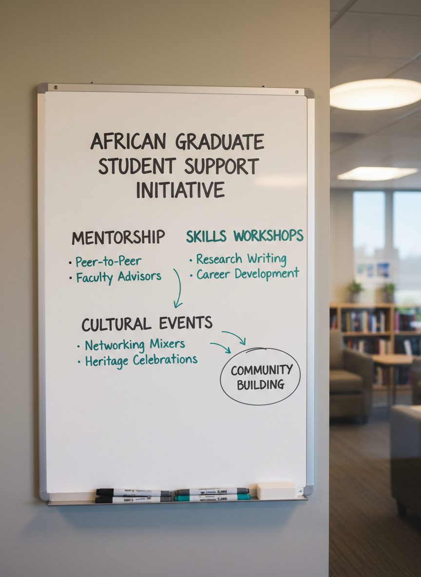 A polished whiteboard in a graduate study room, filled with neatly written markers in dark gray and muted teal, outlining a project titled “African Graduate Student Support Initiative.” Bullet points detail mentorship, workshops, and cultural events, with small arrows and tidy diagrams connecting ideas. At the base of the whiteboard, a slim aluminum tray holds carefully aligned markers and an eraser. The surrounding walls are a soft, warm gray, and a glass panel to the side reflects soft overhead lighting, adding subtle depth. The lighting is evenly distributed, eliminating harsh glare while providing clear legibility. Captured at a slight angle with moderate depth of field to keep all text in focus, the photograph exudes clarity, structure, and a forward-thinking, professional atmosphere.